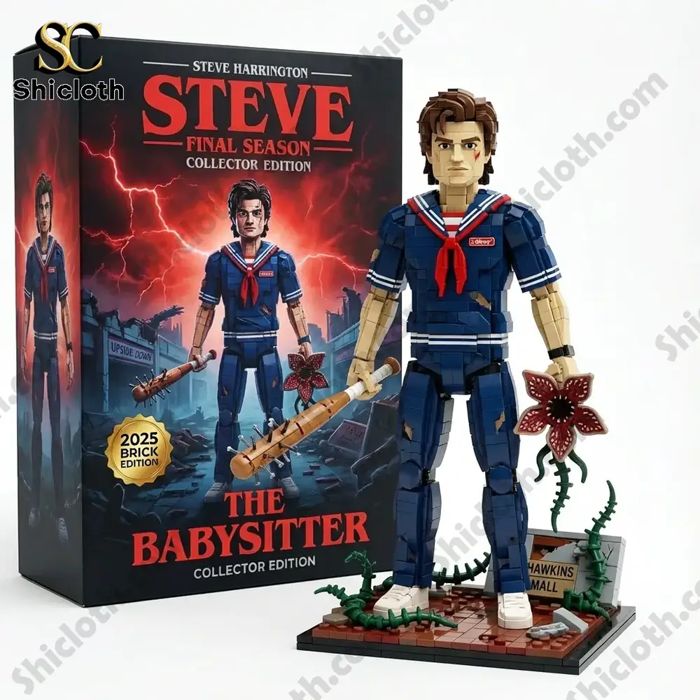 A collectible building figure of a boy in a sailor outfit holding a bat and a flower monster with a themed box.