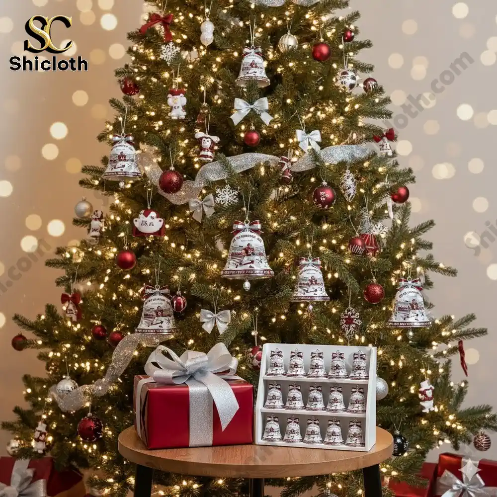 A decorated Christmas tree with bell ornaments and a gift box in front