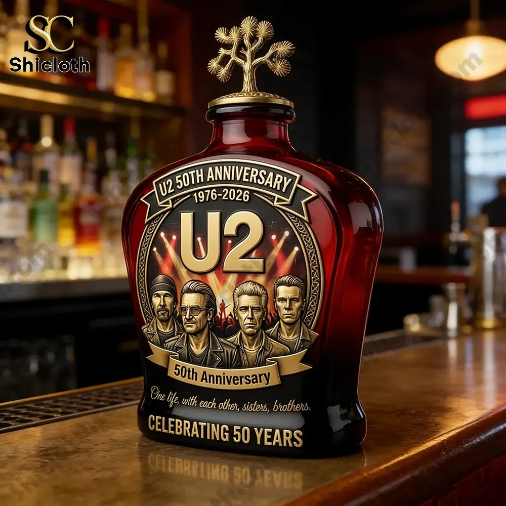 A commemorative U2 fiftieth anniversary bottle displayed on a bar counter with a golden tree topper!