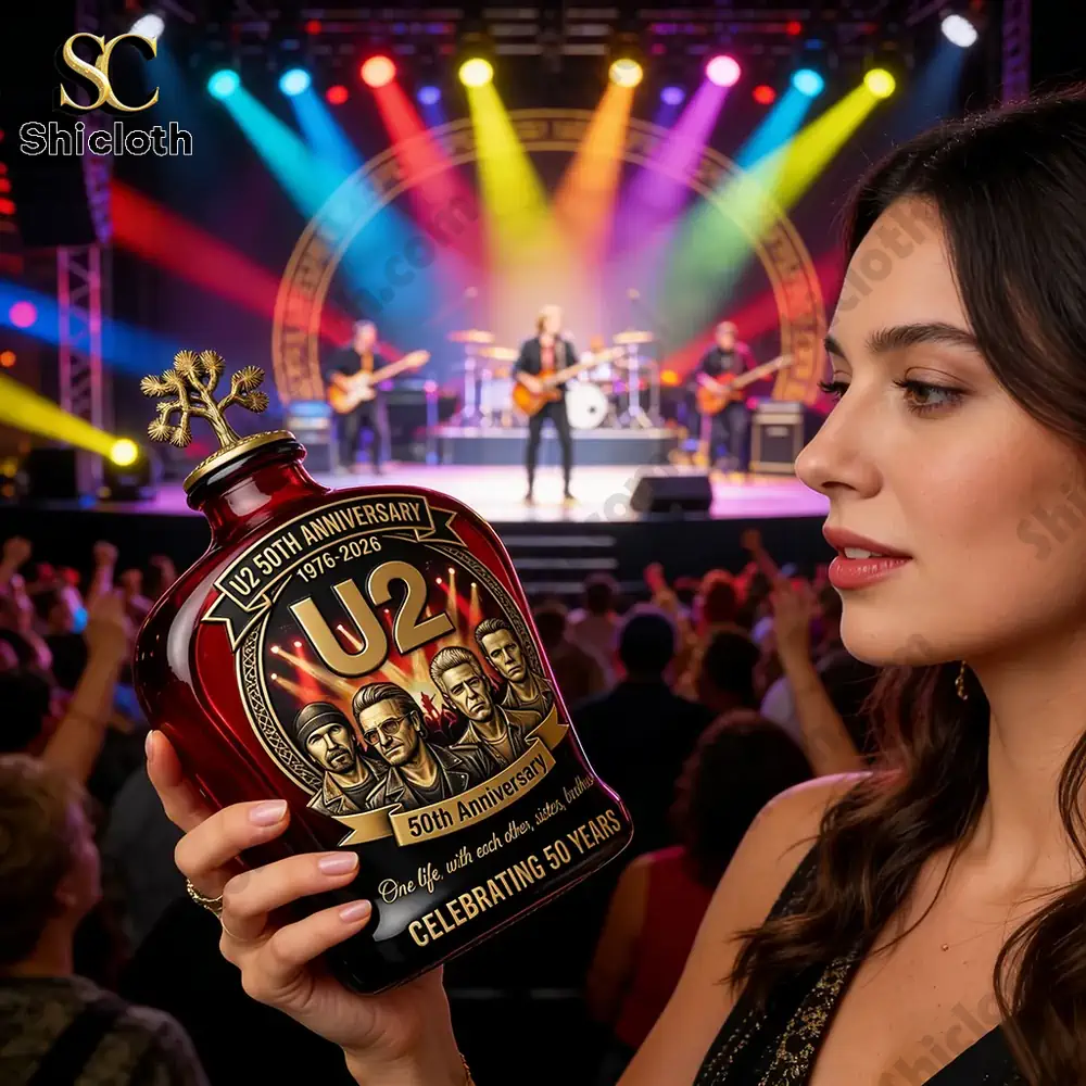 A woman holding a U2 anniversary bottle while standing in front of a bright concert stage!