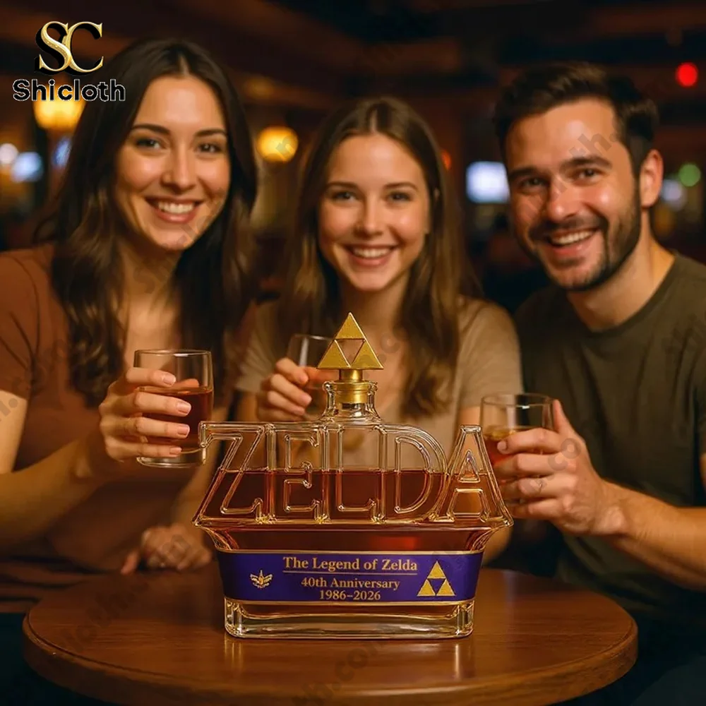 Zelda anniversary decanter shared with friends at table