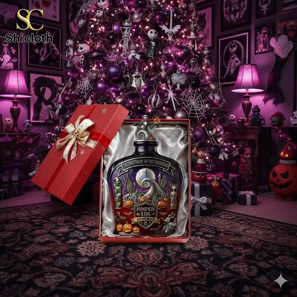 A decorated Christmas tree with "The Nightmare Before Christmas" theme and a gift box showcasing a special Pumpkin King Reserve bottle.