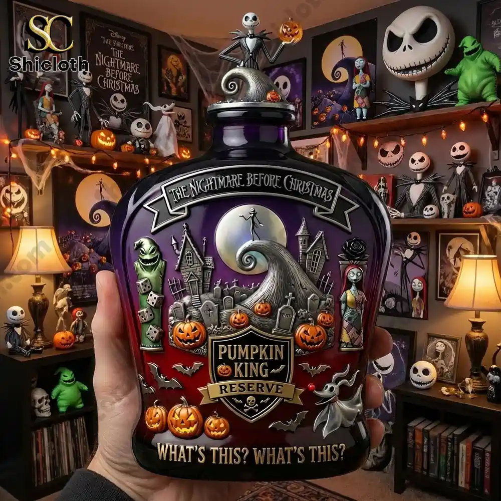 A hand holding the Pumpkin King Reserve bottle with a Halloween-themed room in the background featuring "The Nightmare Before Christmas" characters.