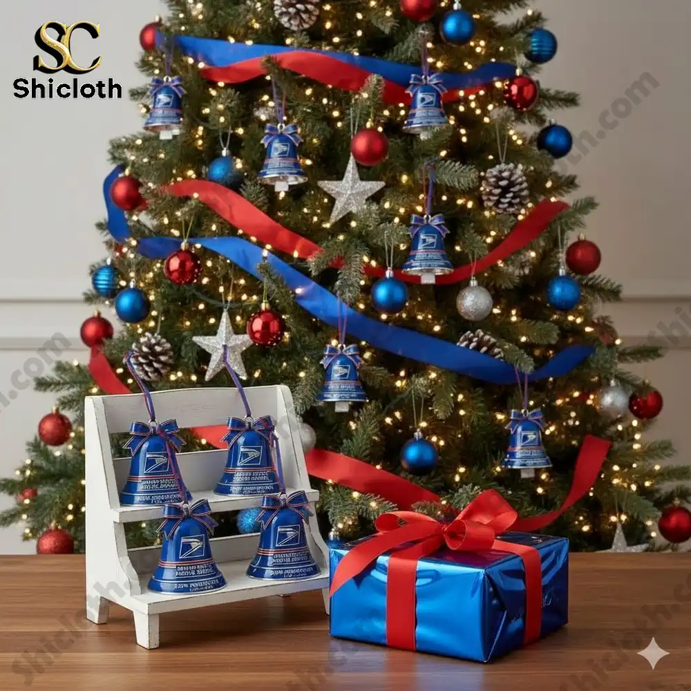 Christmas tree decorated with blue anniversary bells and a wrapped gift box!