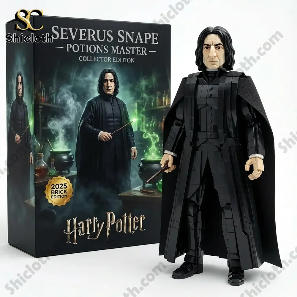 A brick figure of a potions master in black standing beside a product box with a magical theme!