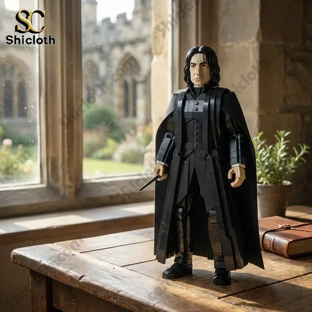 A brick figure in black stands on a wooden desk near a window with a garden view!