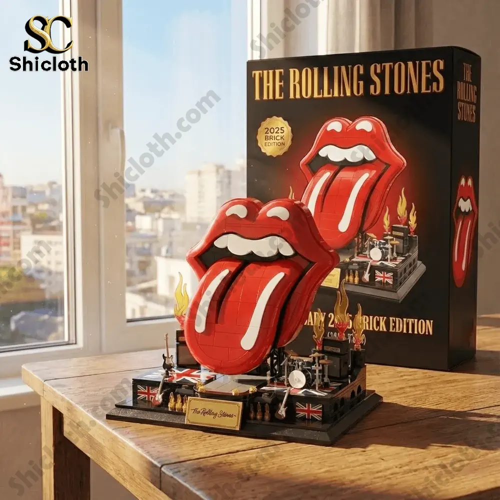 A brick model of the Rolling Stones tongue logo displayed on a table near a window!