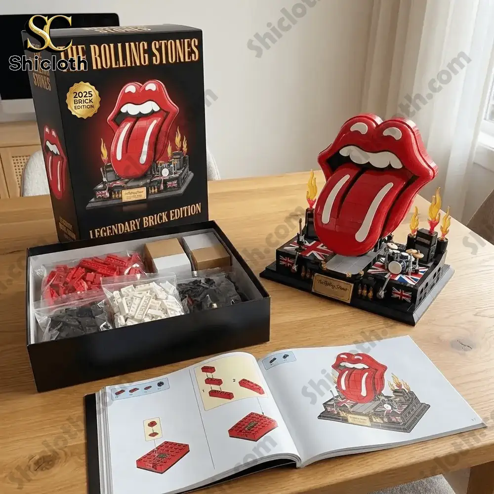 A brick model of the Rolling Stones tongue logo beside its box and instruction manual on a table!