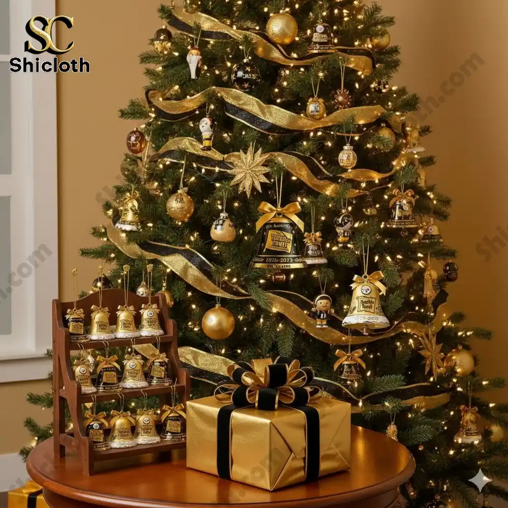 Christmas tree decorated with gold and black Steelers themed bell ornaments.