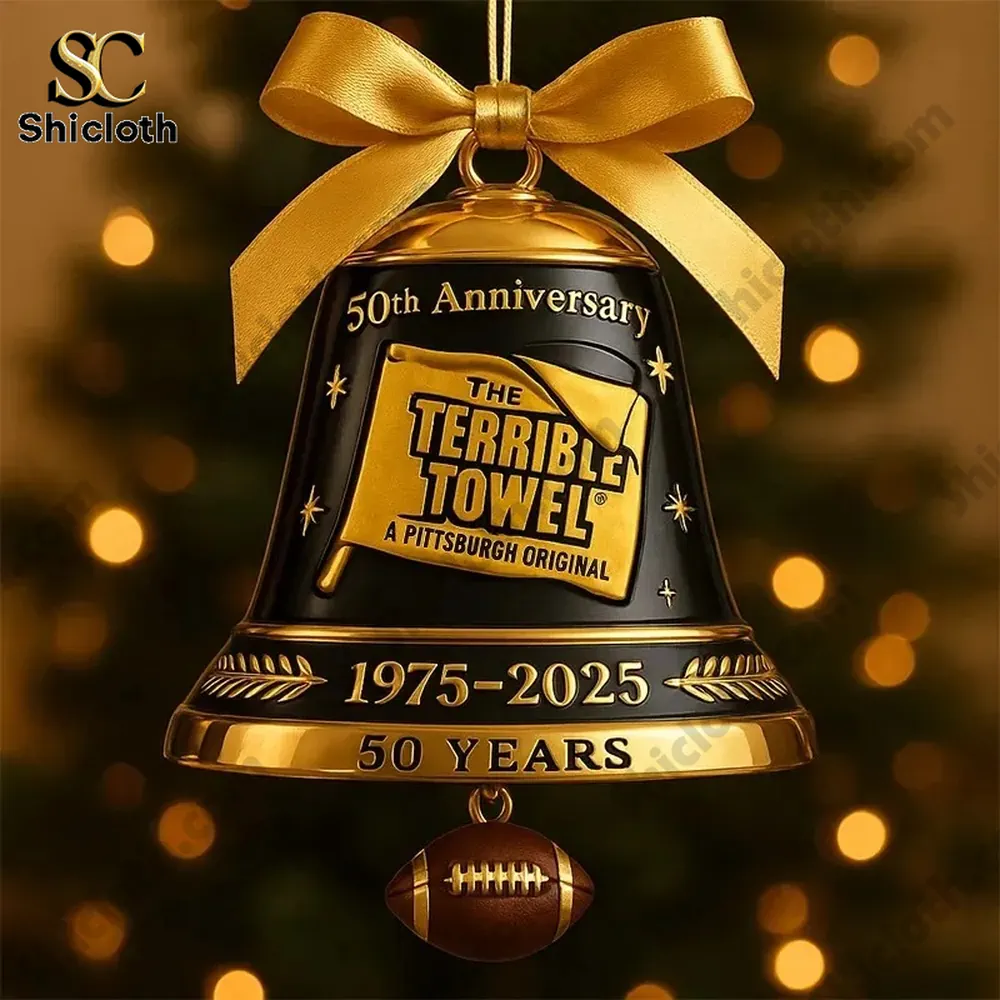 The Terrible Towel 50th Anniversary Bell Ornament 4 Close up of a black and gold Steelers Terrible Towel fifty year bell ornament.