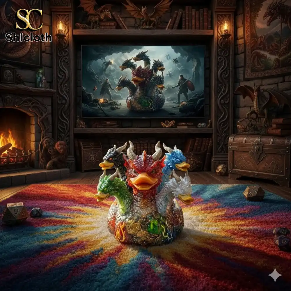 Five head dragon duck fantasy figure on colorful rug!