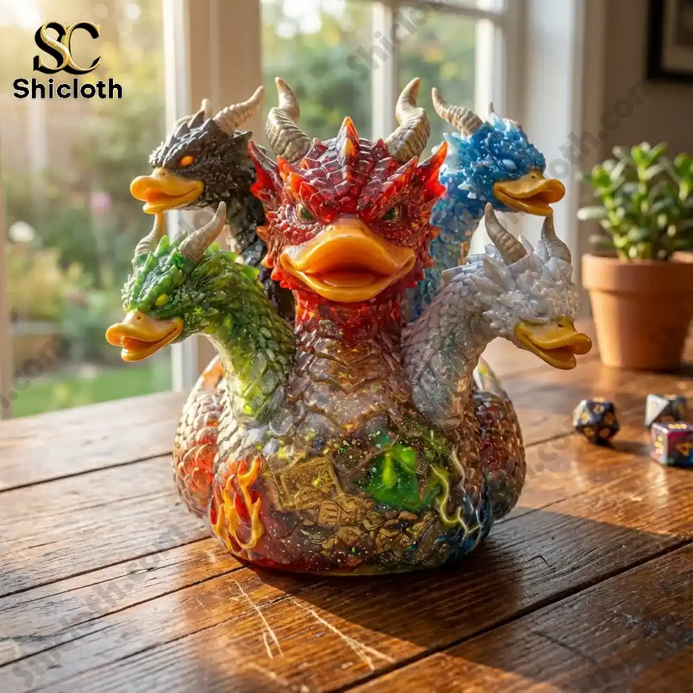 Five head dragon duck figure on wooden table near window!