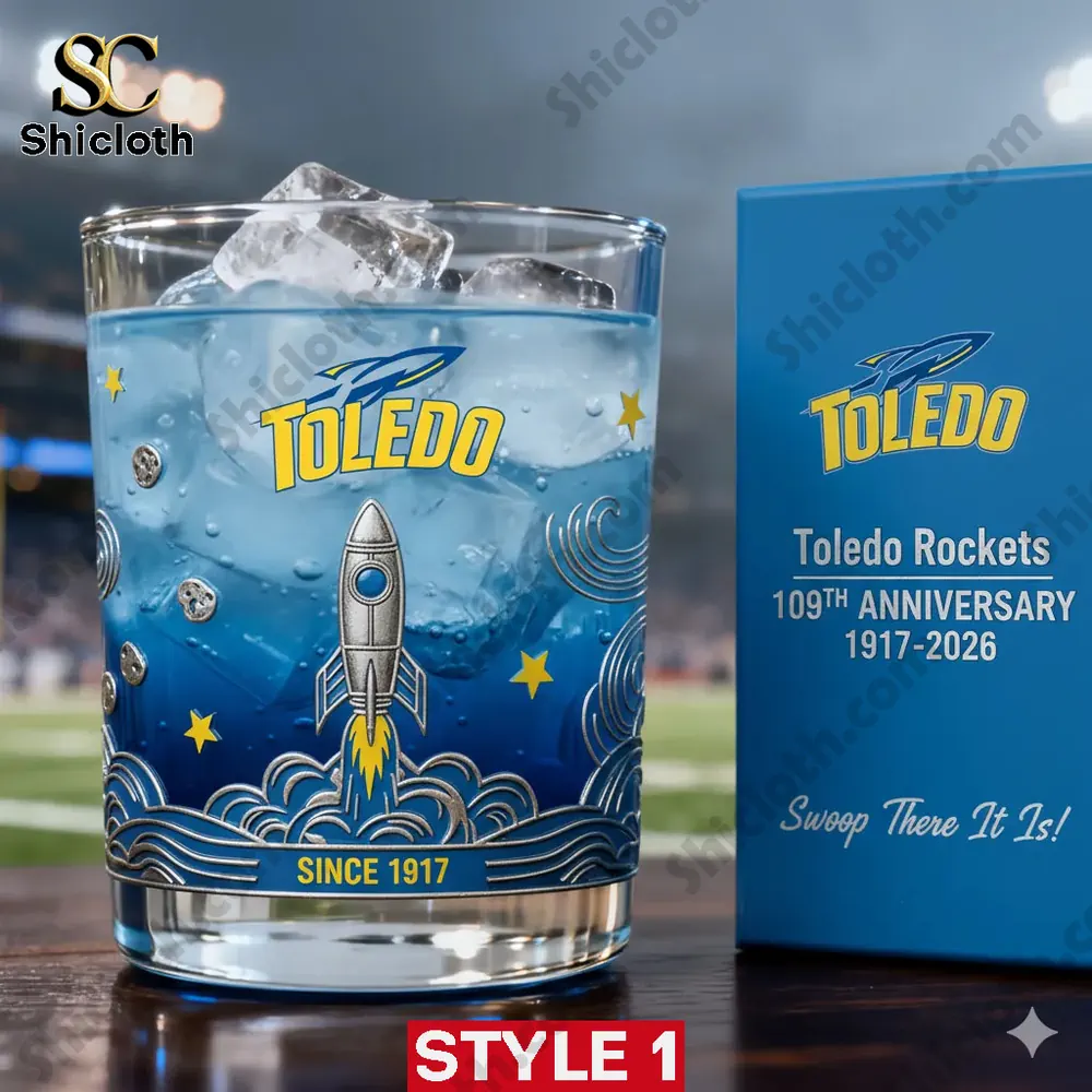 Toledo Rockets whiskey glass with ice and rocket design on table!