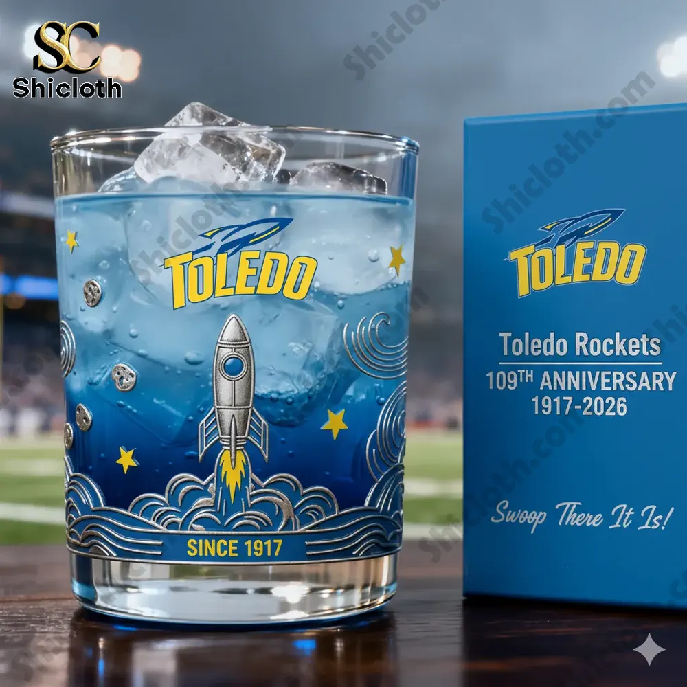 Toledo Rockets whiskey glass with rocket artwork and ice!