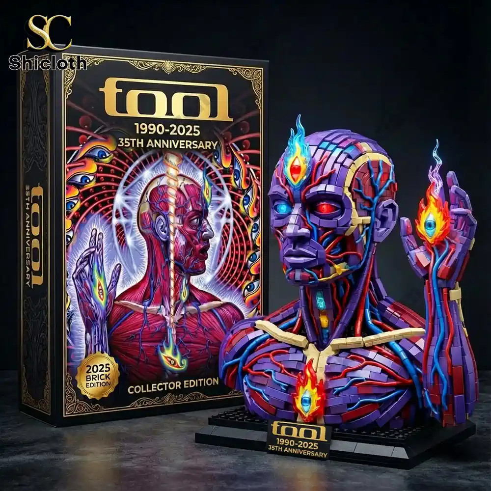 A colorful collector figure bust with a matching illustrated box showing a psychedelic human form.