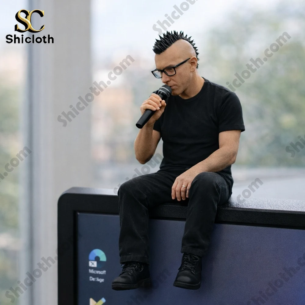 Man with black outfit and mohawk sitting on a large screen holding a microphone indoors!