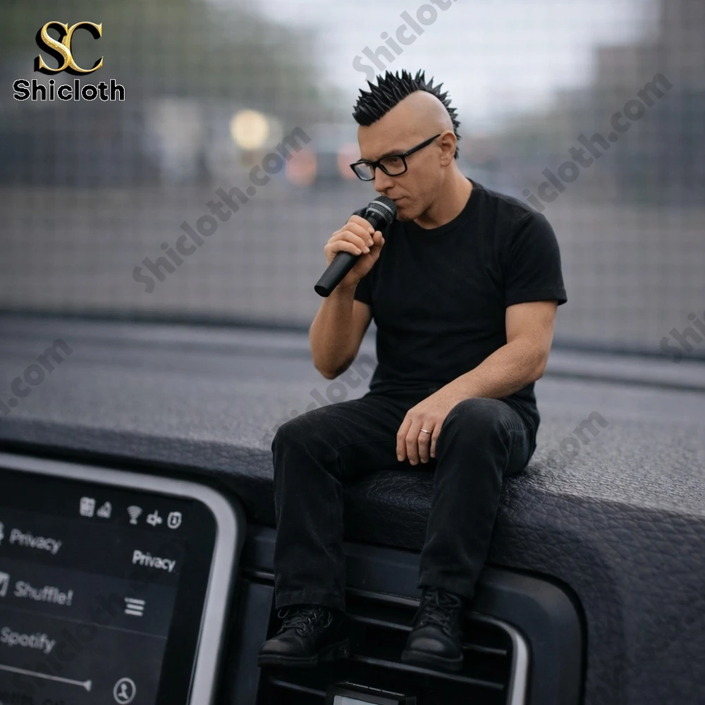 Man with black outfit and mohawk sitting on a large screen holding a microphone outdoors!