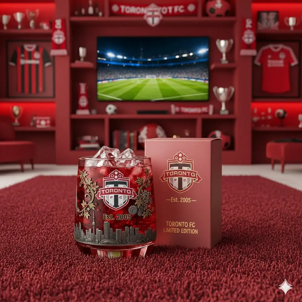 A Toronto FC themed glass filled with a red drink placed in a soccer fan room.