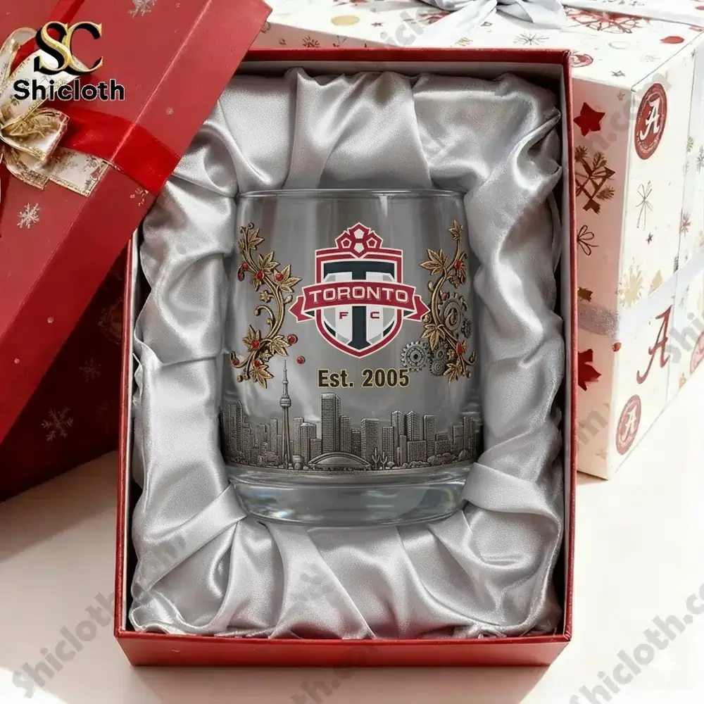 A Toronto FC themed glass displayed in a gift box with satin lining.