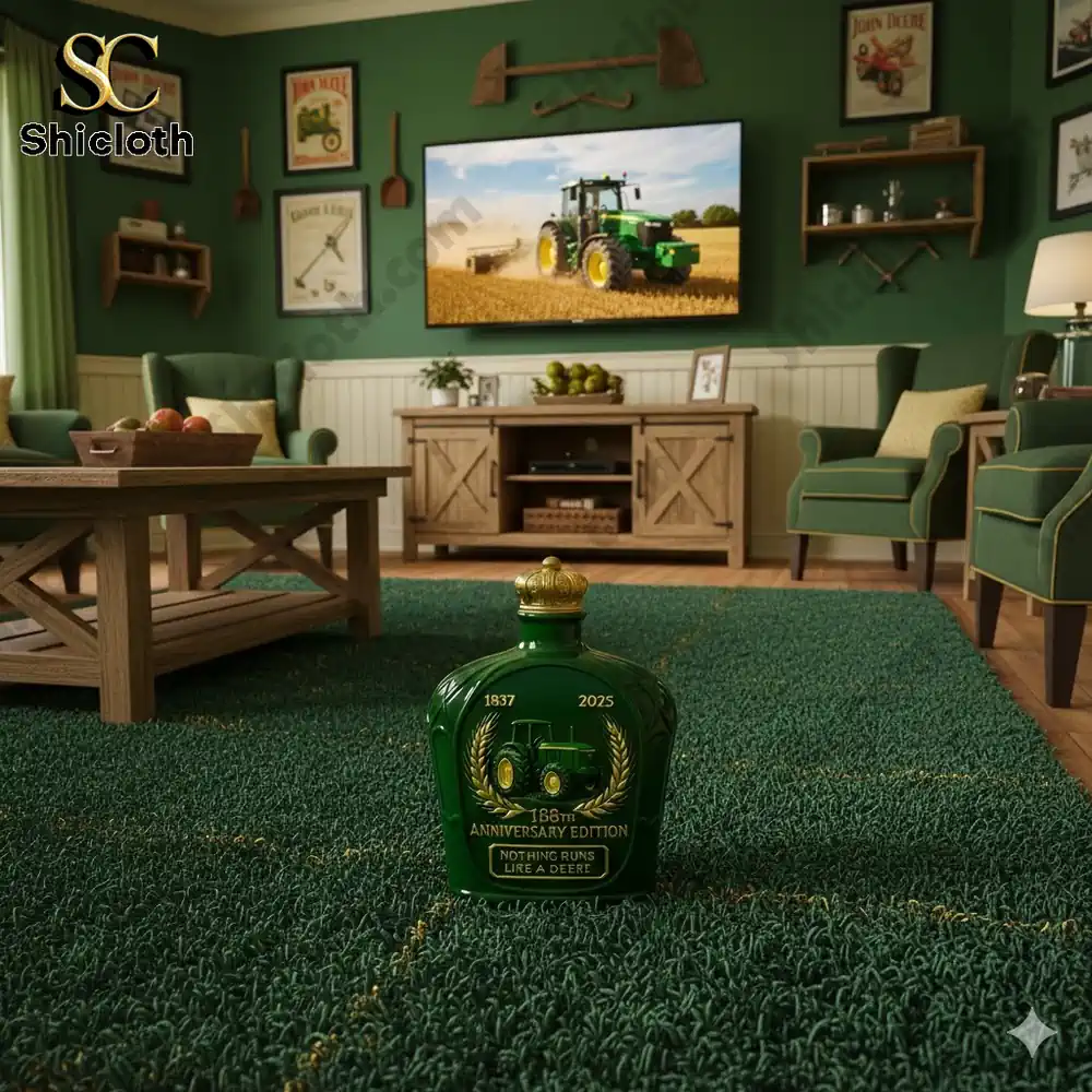 A green anniversary bottle displayed in a farmhouse themed living room with a tractor image on a television!