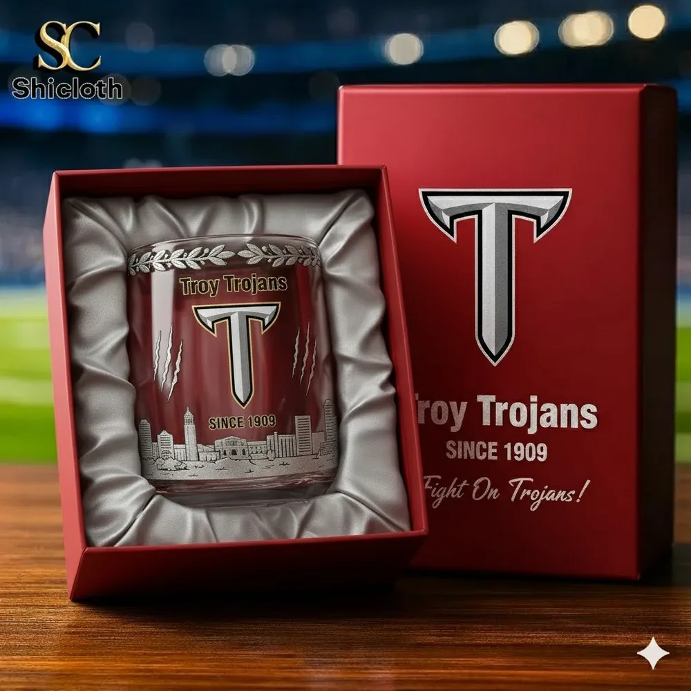 A Troy Trojans glass in a padded red Shicloth gift box!
