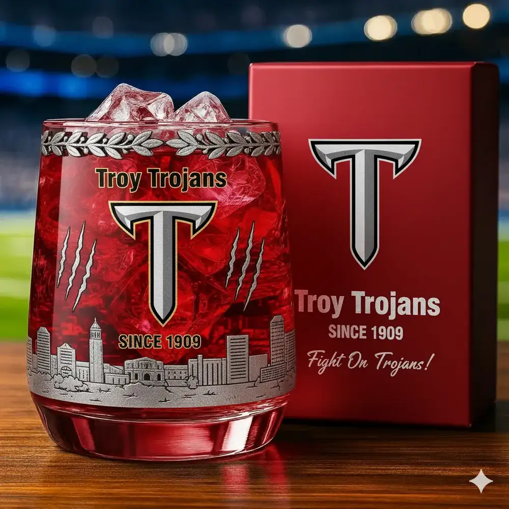 Troy Trojans Christmas Whiskey Glass 3 A red Troy Trojans glass with ice beside a Shicloth branded box!