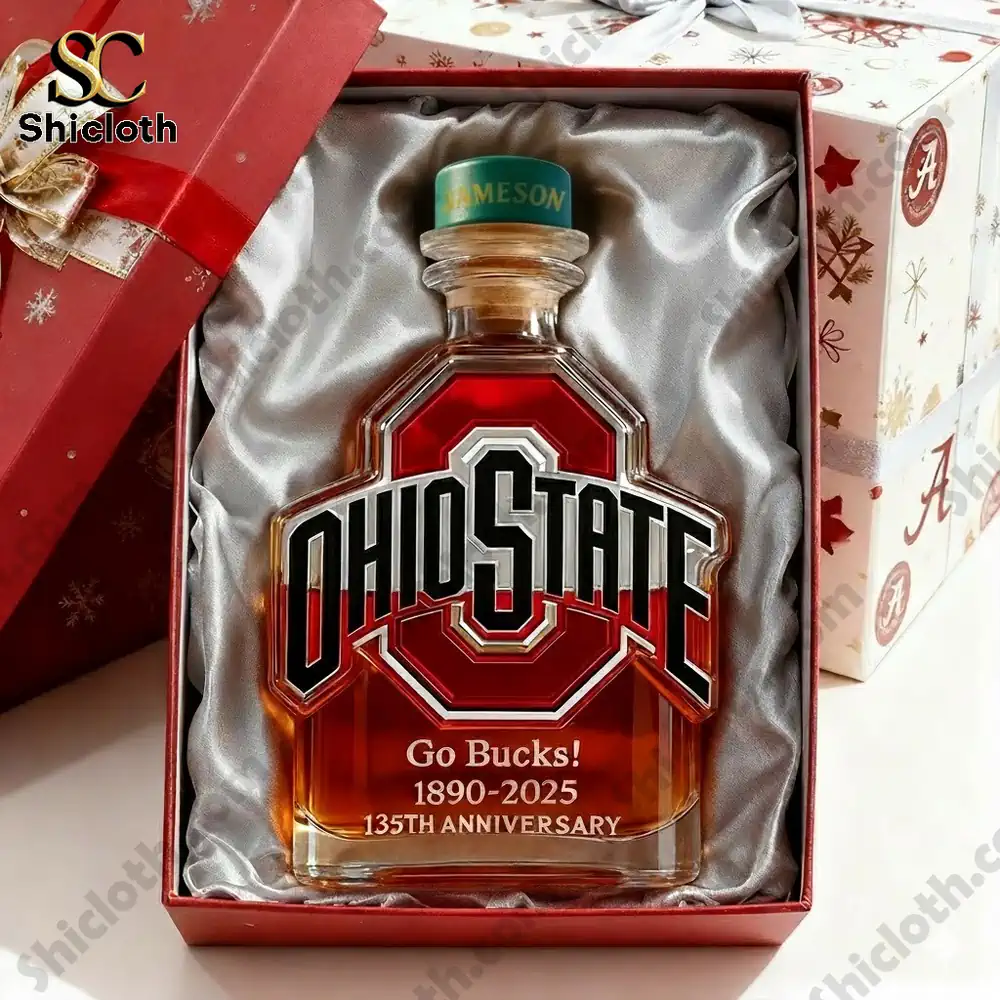 Ohio State Buckeyes 135th Anniversary Whiskey Bottle 2025 Release Date 4 Ohio State anniversary bottle with a Jameson-style cap, a tribute to tradition.