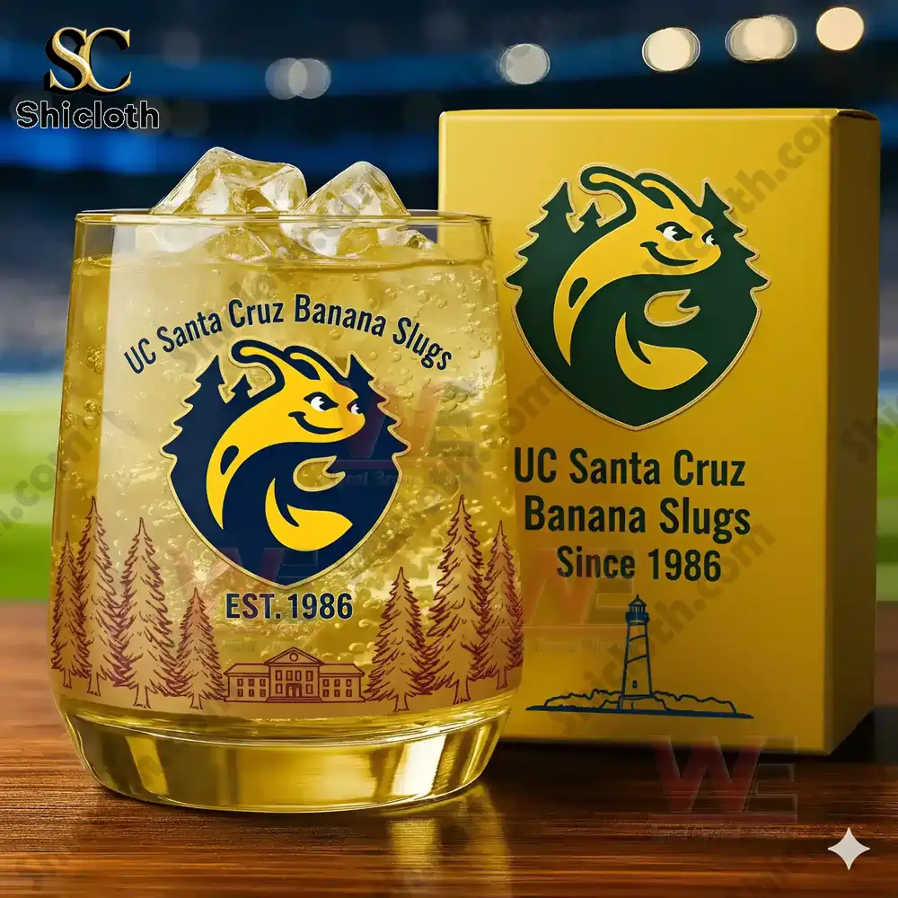 UC Santa Cruz Banana Slugs glass with ice and yellow box on table!