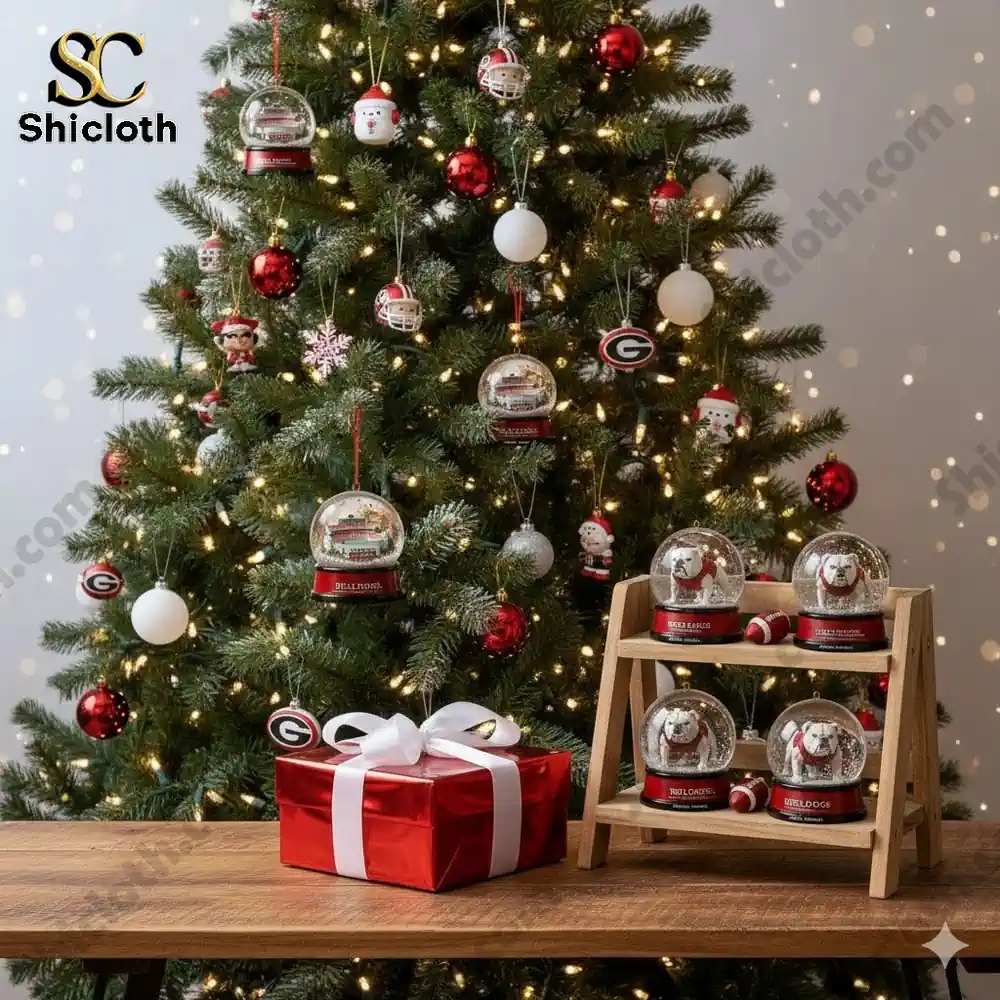A Christmas tree decorated with Bulldogs themed snow globes and ornaments beside a wrapped gift box on a wooden table.
