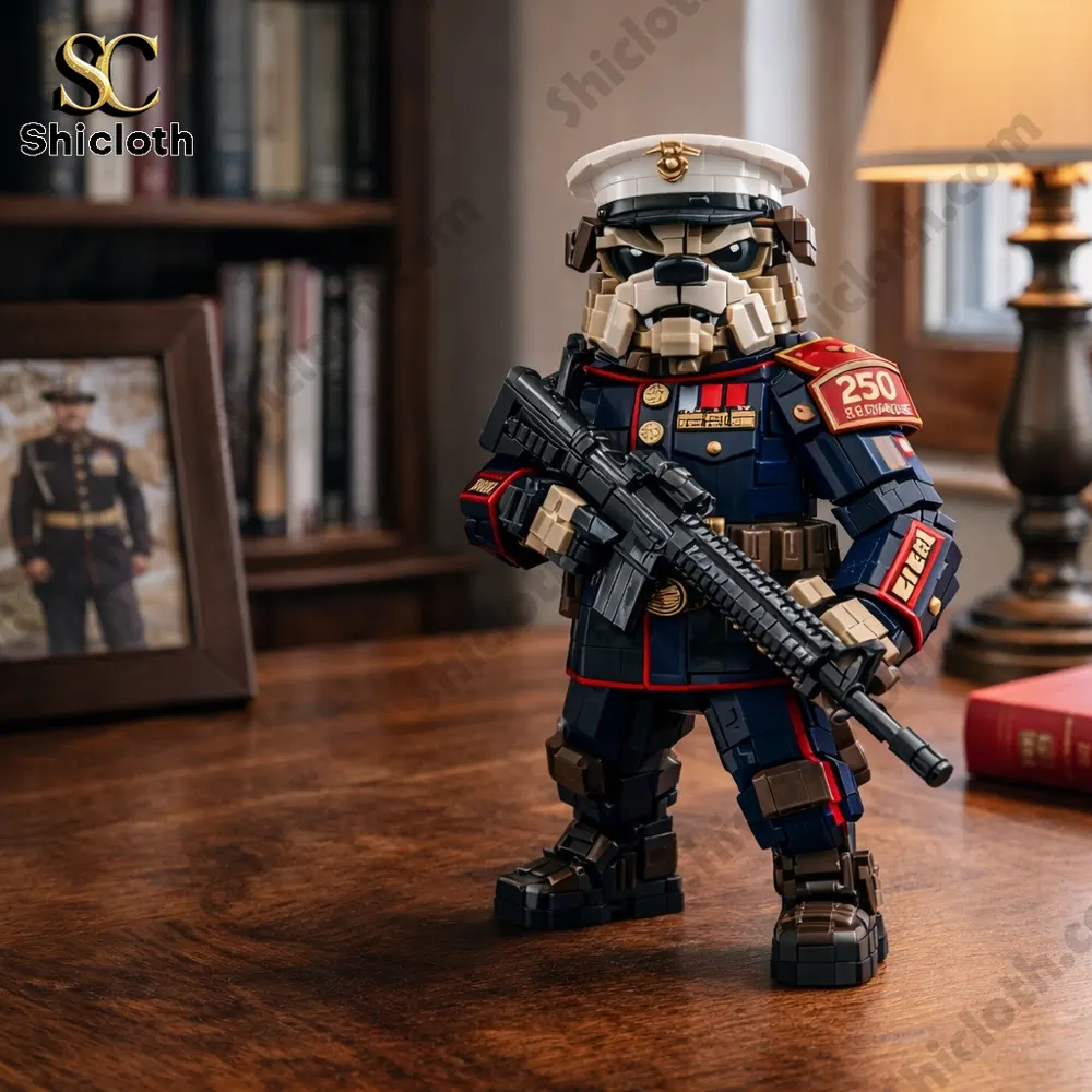 Marine themed dog soldier brick figure in uniform holding a rifle displayed on a wooden desk!