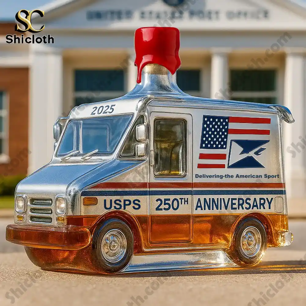 USPS 250th Anniversary Whiskey Bottle 4 A USPS 250th Anniversary postal truck-shaped bottle with a red stopper in front of a USPS building.