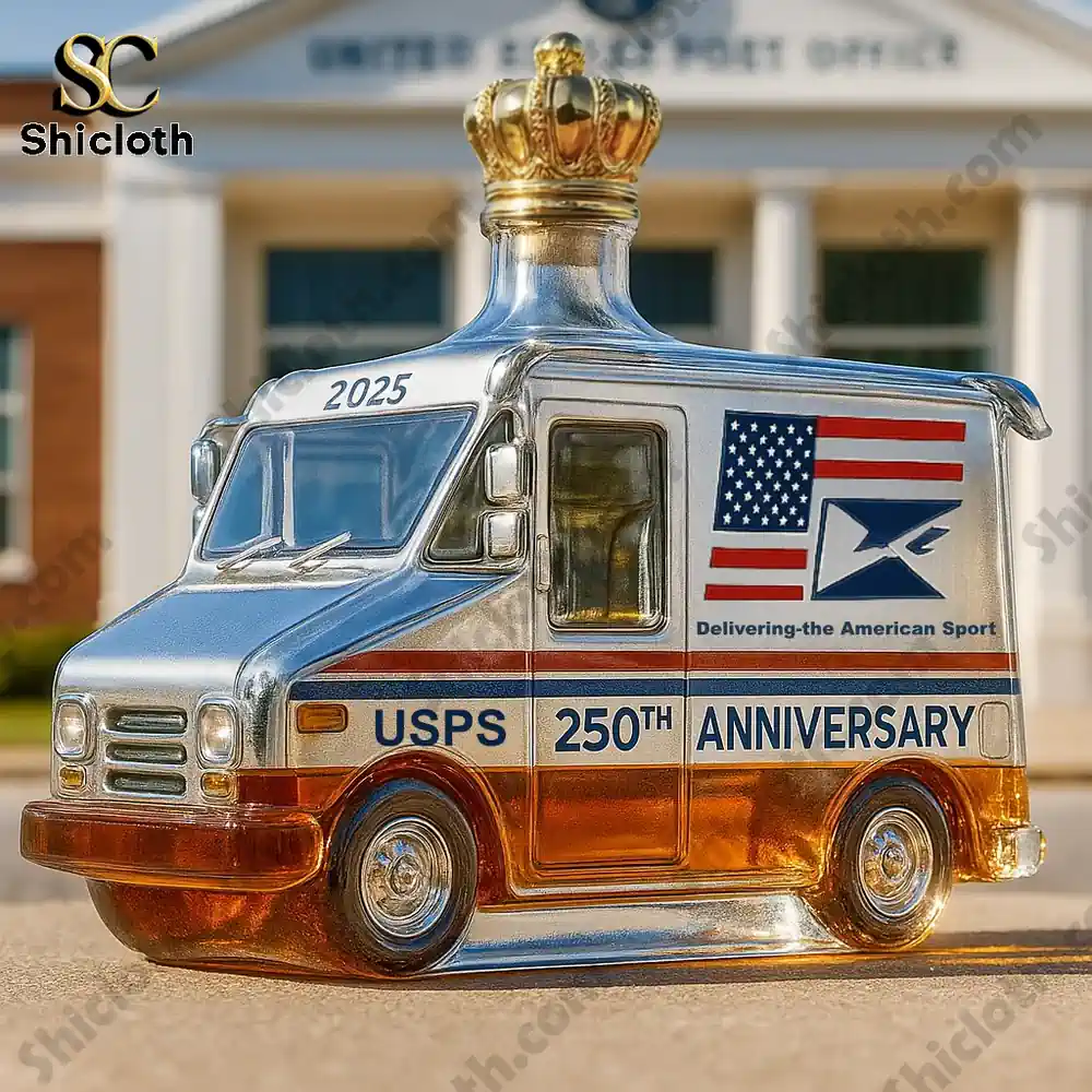 USPS 250th Anniversary Whiskey Bottle 5 A USPS 250th Anniversary postal truck-shaped bottle with a crown stopper in front of a USPS building.
