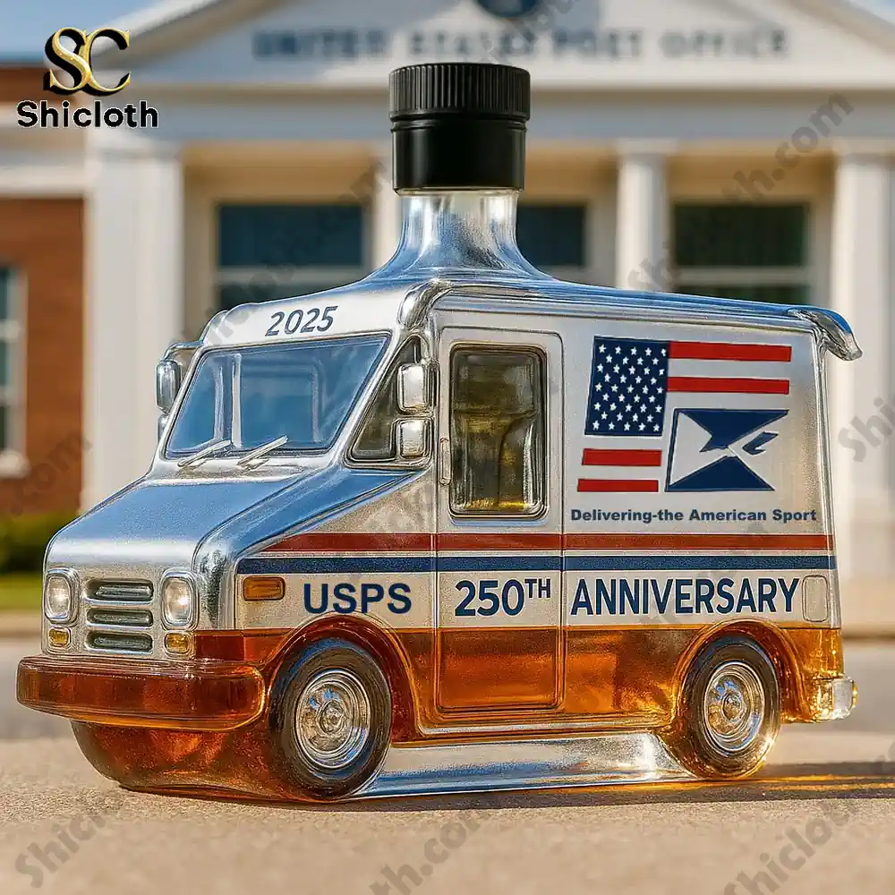 USPS 250th Anniversary Whiskey Bottle 6 A USPS 250th Anniversary postal truck-shaped bottle with a black stopper in front of a USPS building.