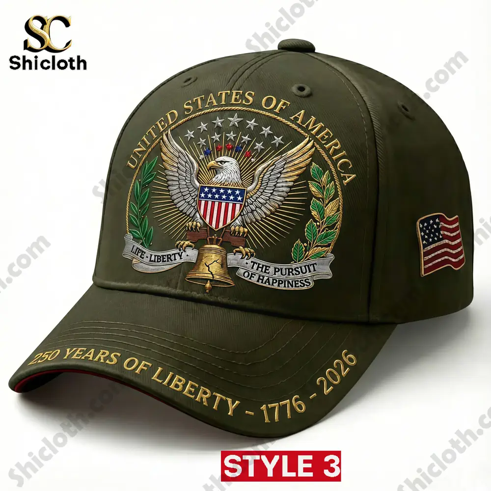 United States of America 250 Years of Liberty Commemorative Cap (1776–2026) 3 Olive green patriotic cap with American eagle crest by Shicloth!