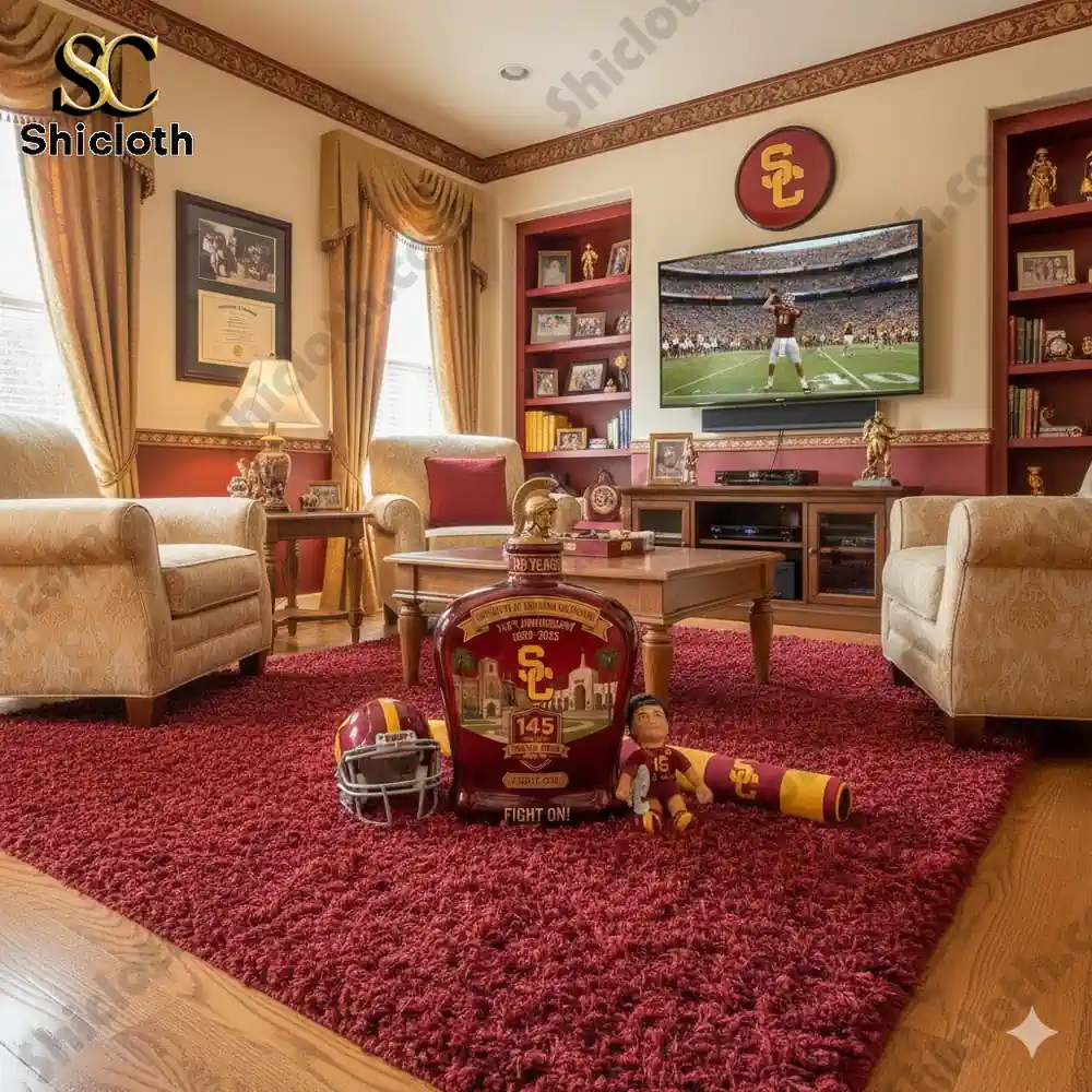 USC anniversary commemorative bottle in Trojan themed living room!