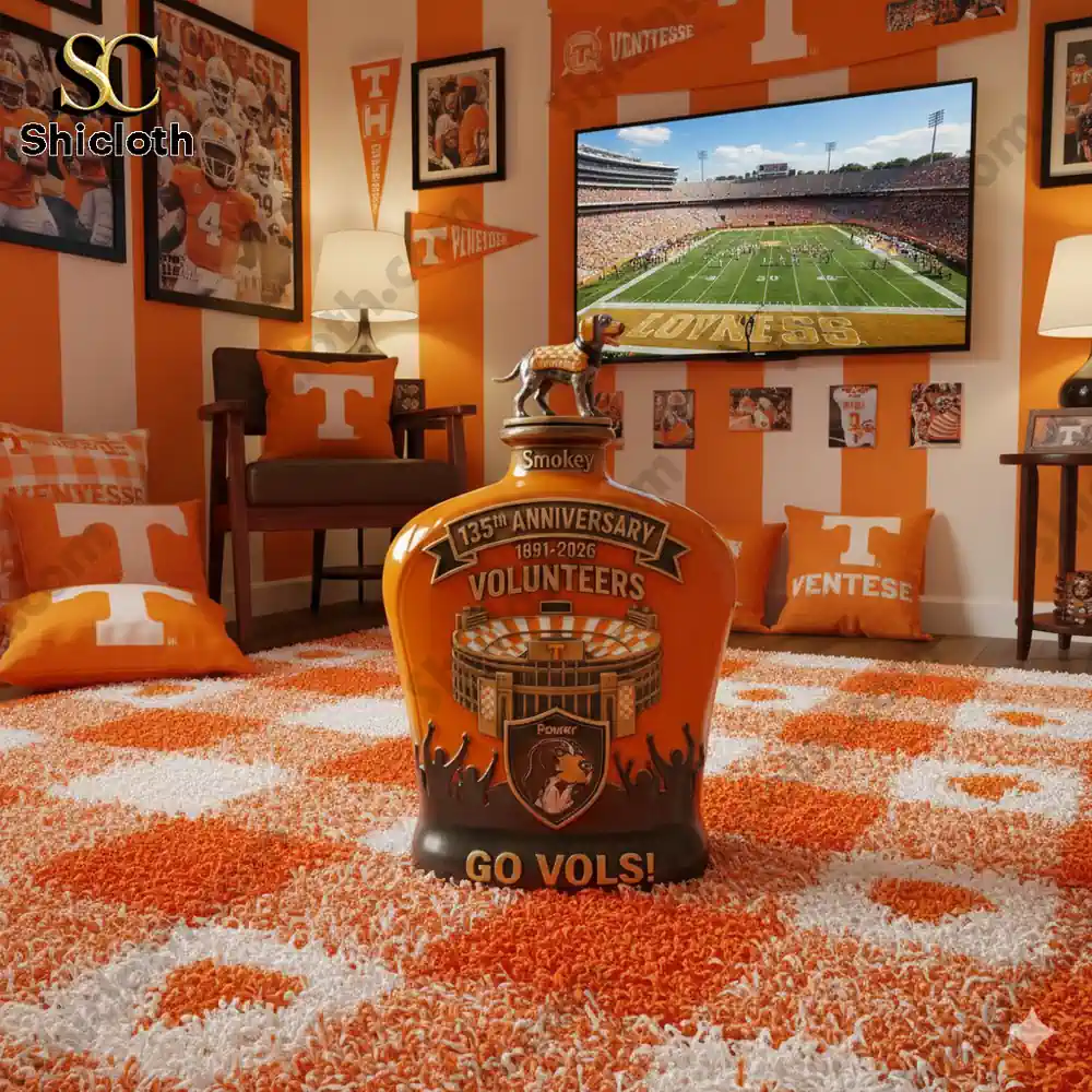 Tennessee Volunteers anniversary whiskey bottle displayed in orange themed fan room!