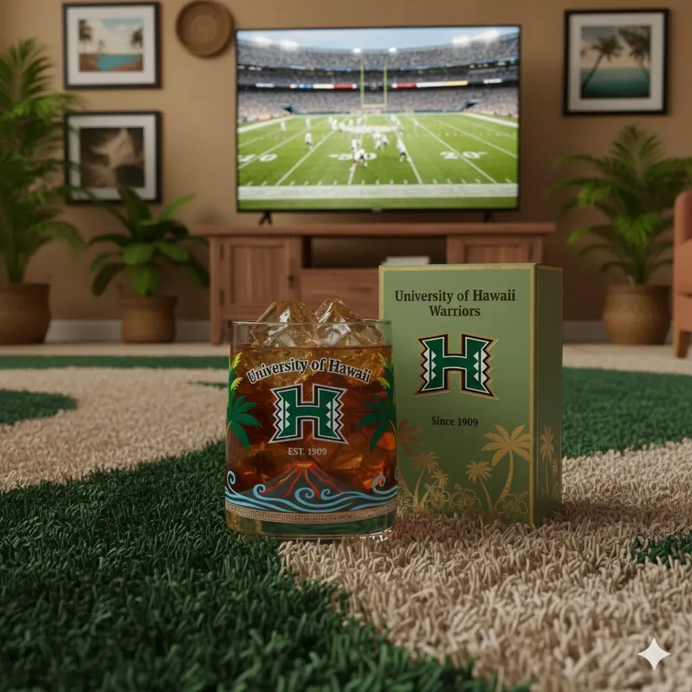 A University of Hawaii themed glass with ice sits on a carpet in a living room while a football game plays on a television!