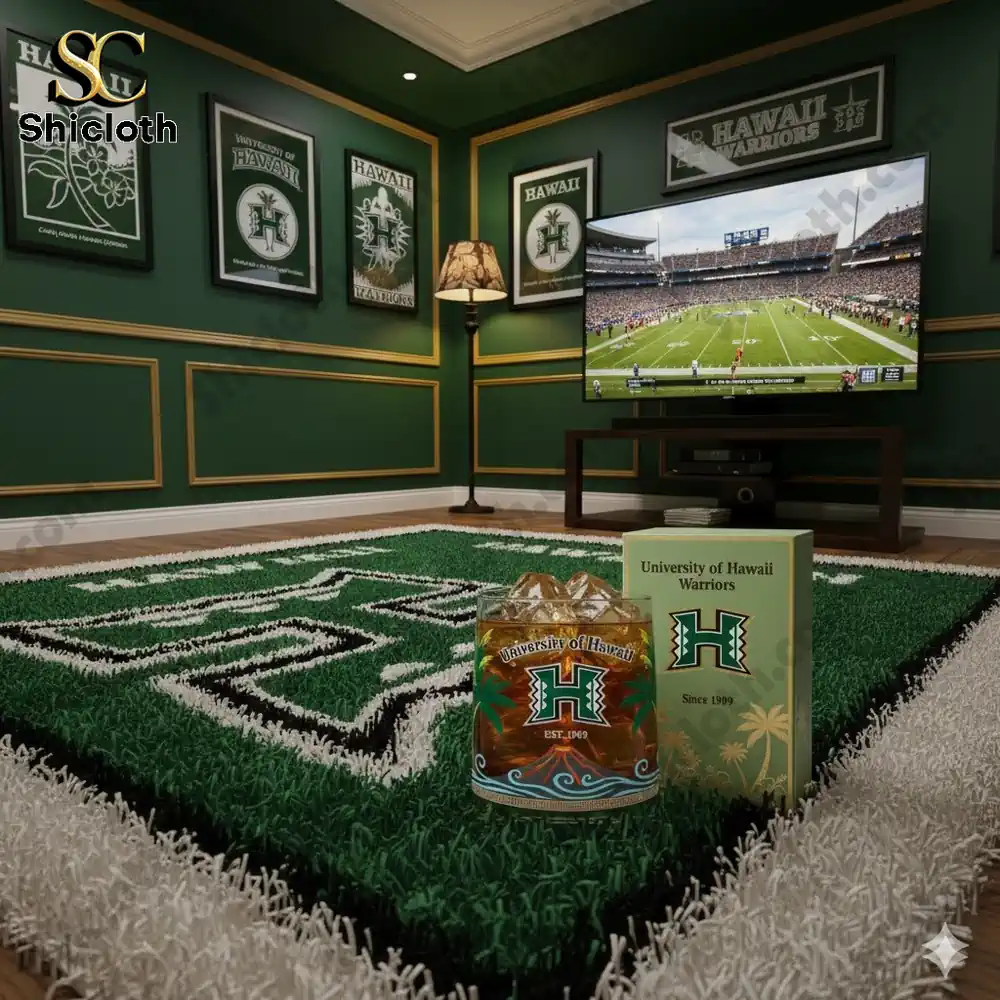 University of Hawaii Warriors glass displayed in a green themed fan room!