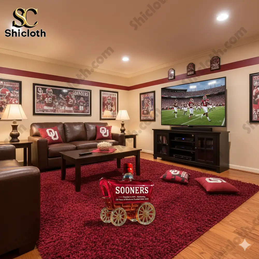 Oklahoma Sooners wagon whiskey bottle in themed living room