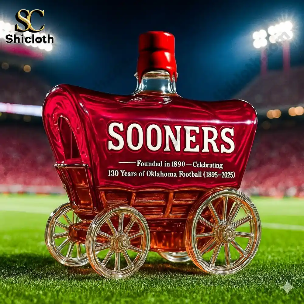 Oklahoma Sooners wagon whiskey bottle on football field