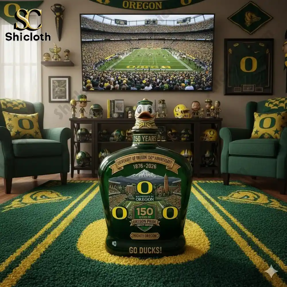 Oregon Ducks themed green commemorative bottle in a fan room!