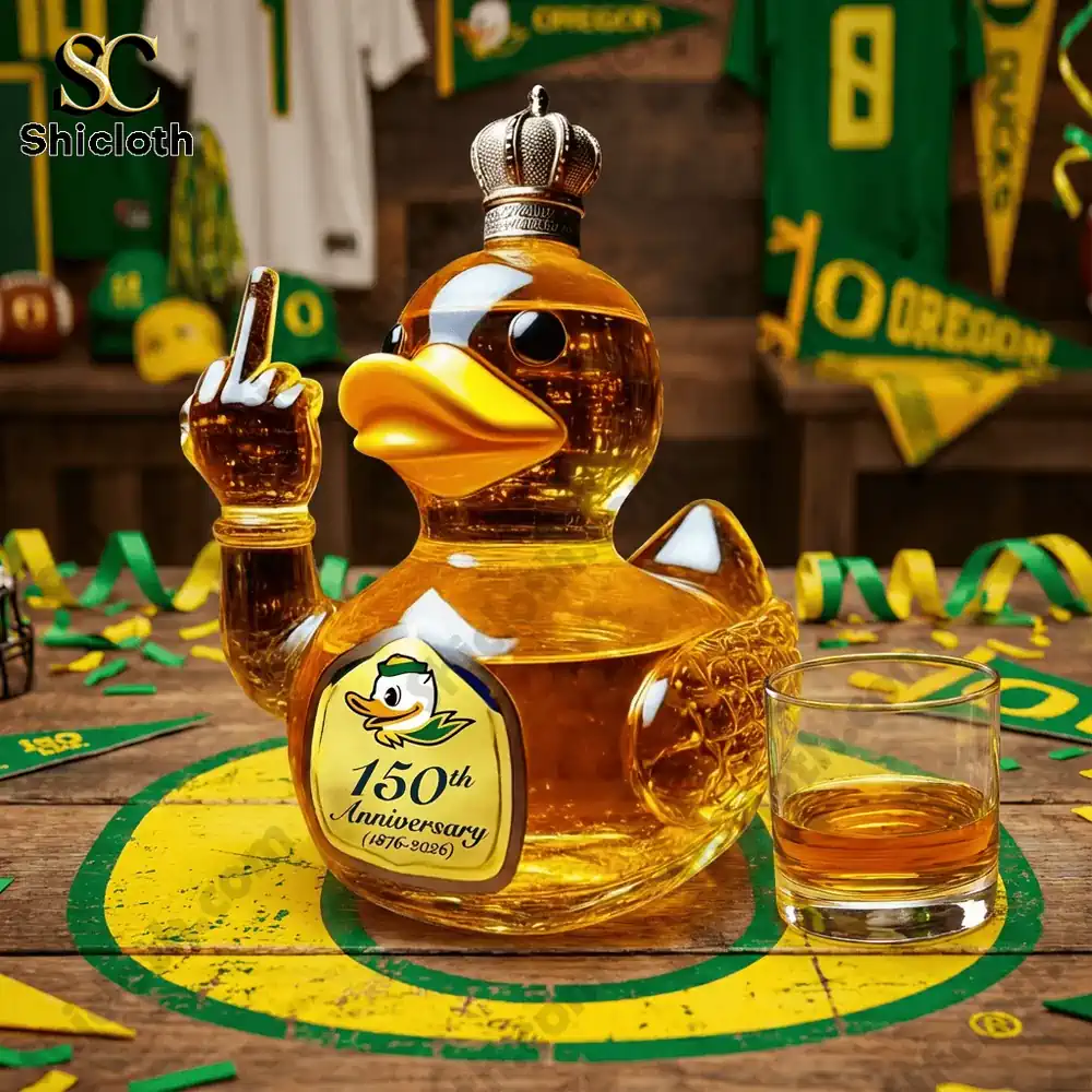 Demogorgon Sculpted Whiskey Glass 174 Golden duck shaped liquor bottle with crown and glass on wooden table!