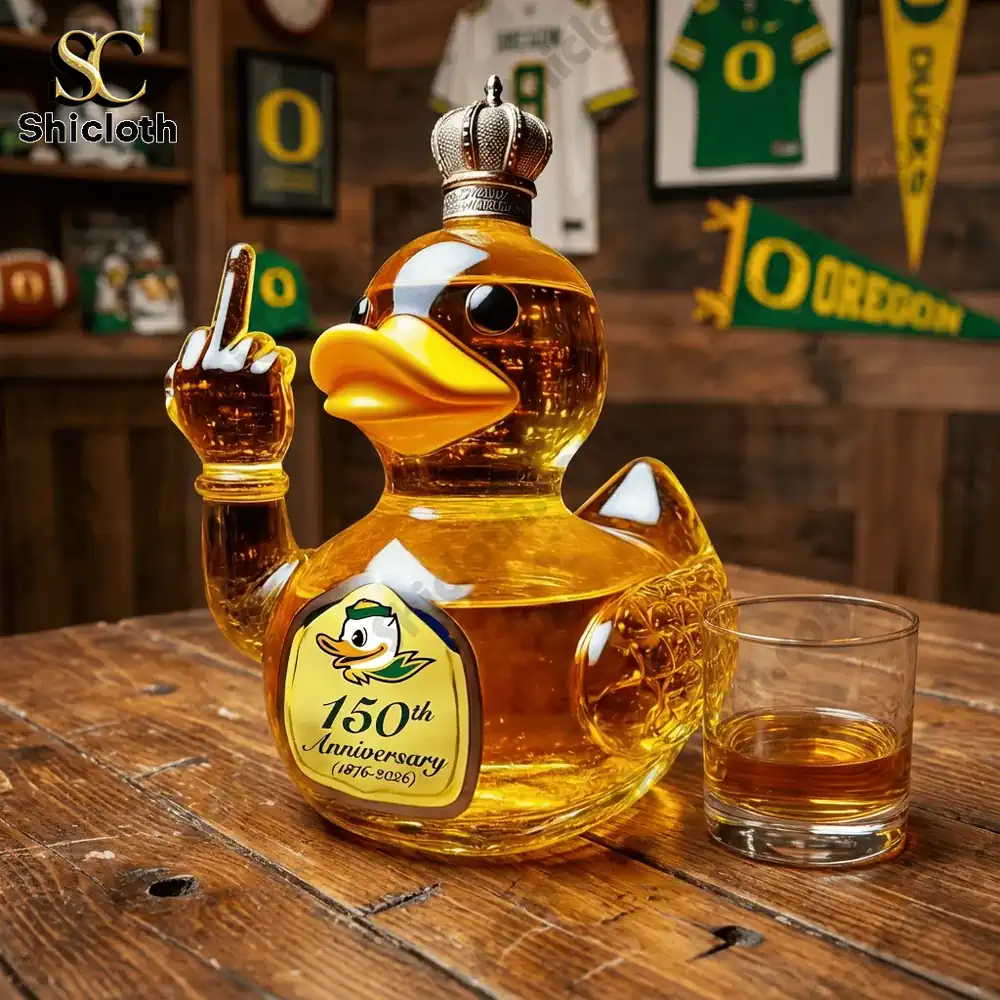 Duck shaped liquor bottle with crown in sports themed room!