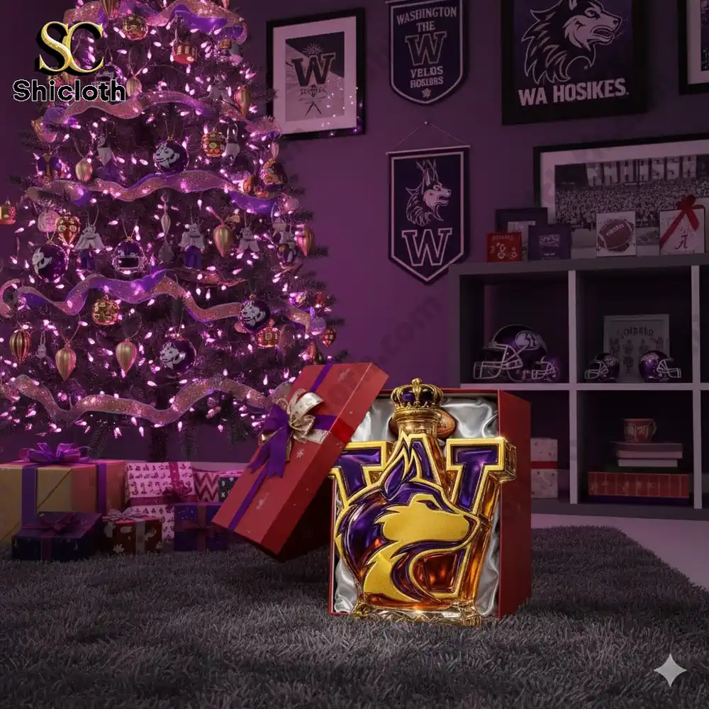 Whisky bottle with University of Washington Huskies logo placed under a Christmas tree surrounded by gifts.