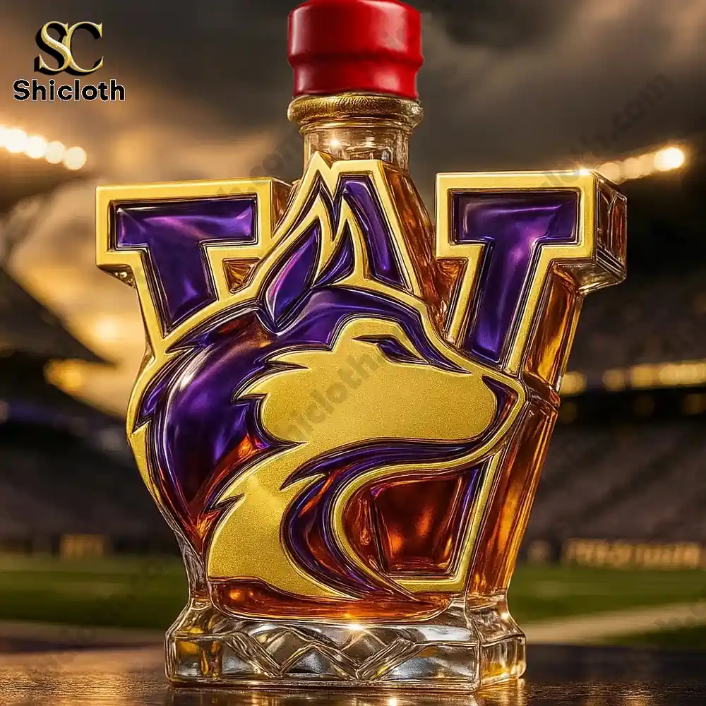Close-up of University of Washington Huskies whisky bottle with purple and gold logo.