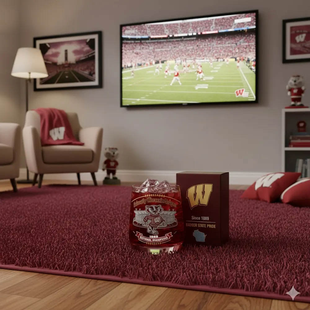 Glass featuring Wisconsin Badgers logo placed on a red rug in a football themed living room!