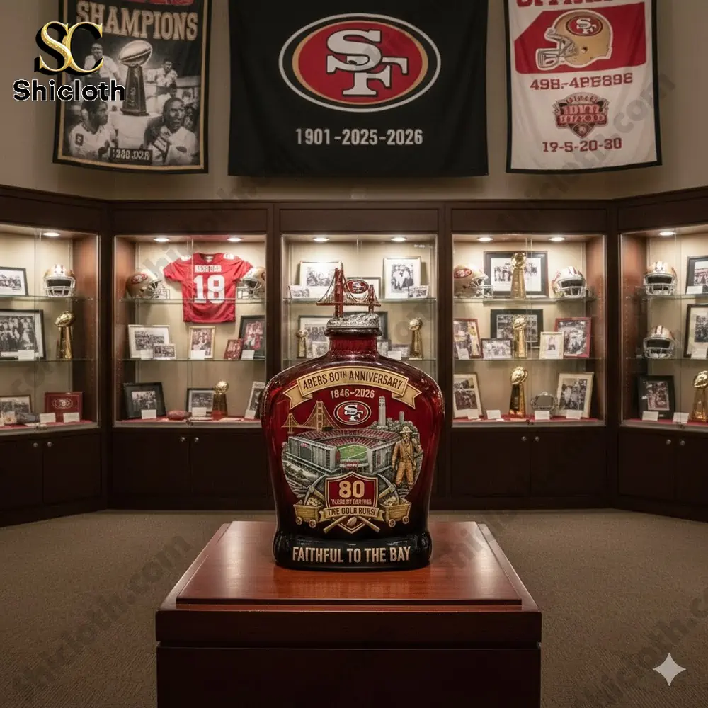 A 49ers 80th Anniversary whiskey bottle displayed in a museum-like setting with trophies, jerseys, and memorabilia in the background.