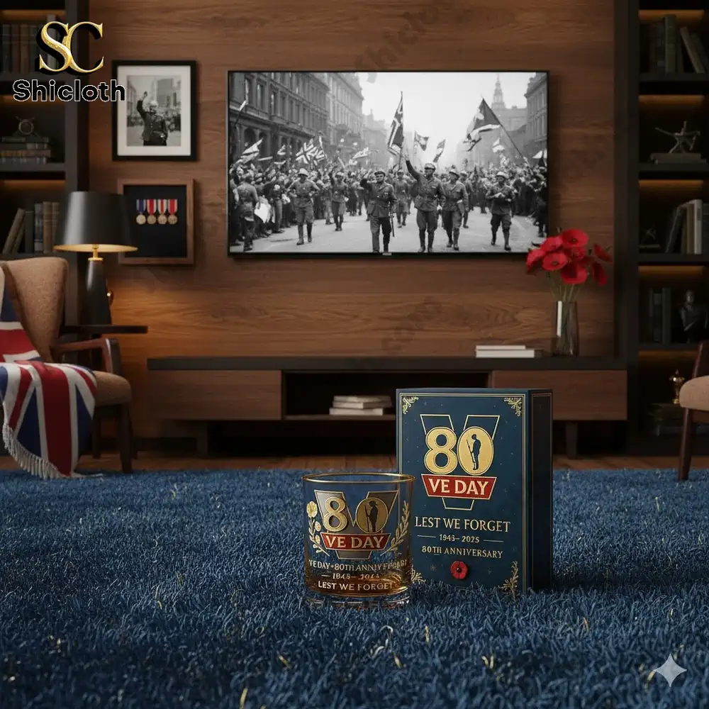 VE Day eightieth anniversary glass and gift box displayed in a classic living room!