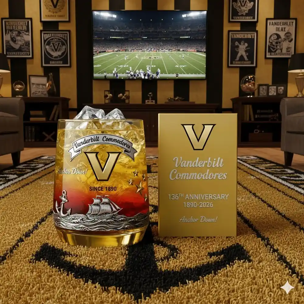 A Vanderbilt themed glass with ice and a commemorative box displayed in a sports decorated living room!