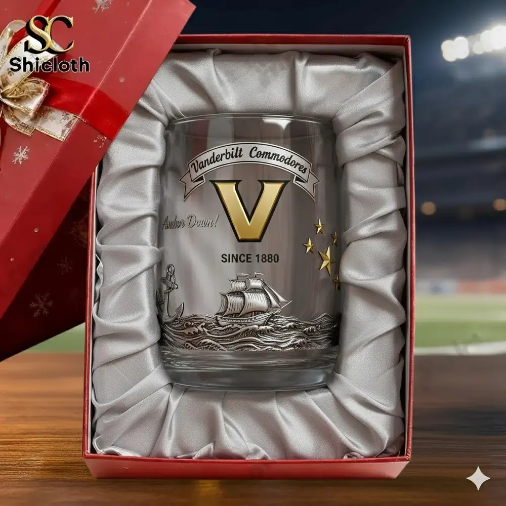 A Vanderbilt decorated glass displayed inside a padded gift box!